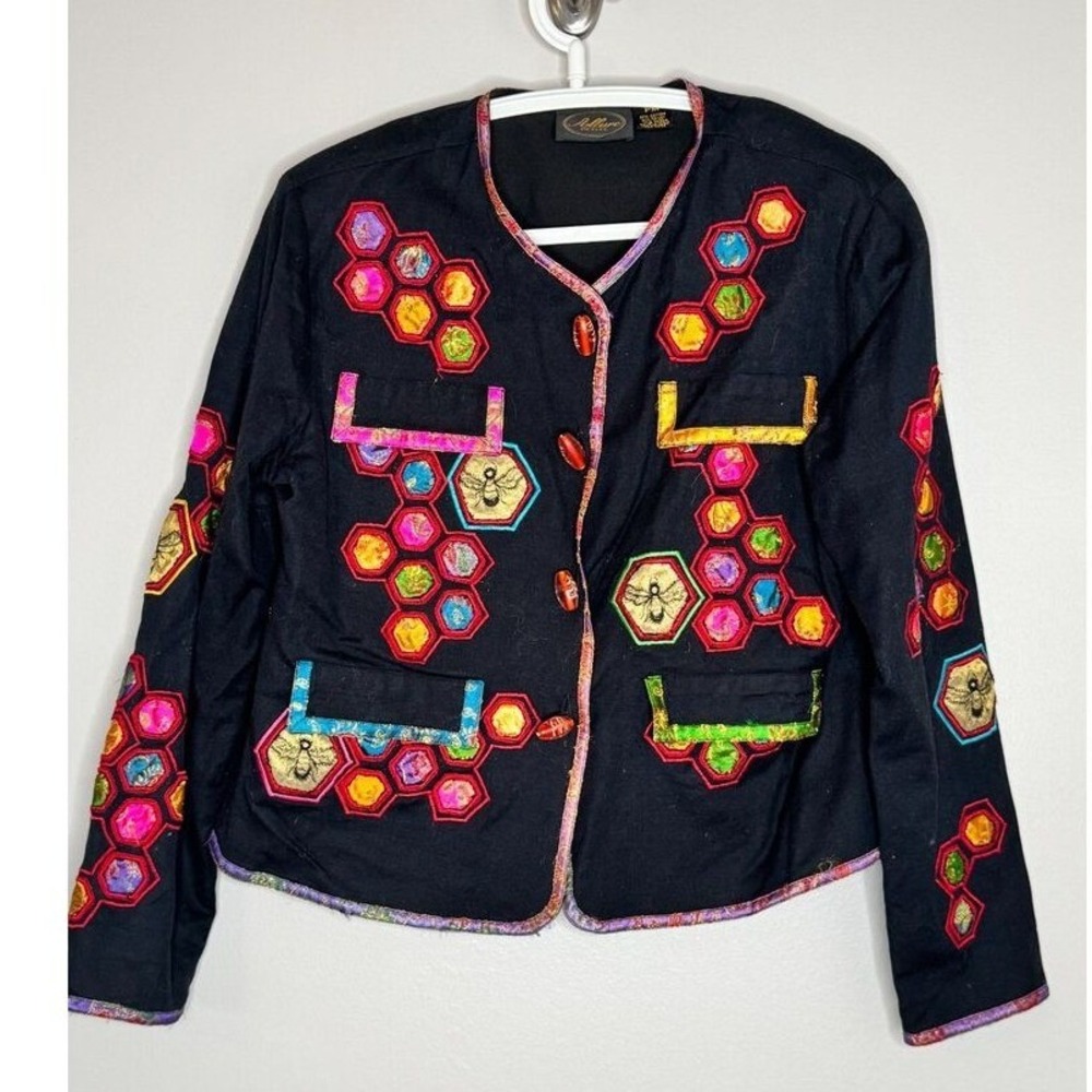 Vintage Bee Honeycomb Embroidered Jacket Petite M Boho Art Blazer - Picture 1 of 9